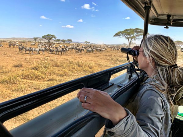 Woman Looking Through Binoculars While Standing In Jeep safari-namibia-avvisatamento-zebre