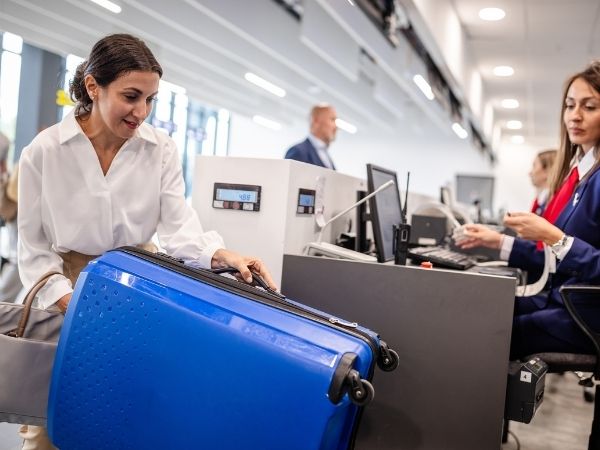 Viaggiatrice al check-in con valigia